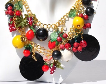 Summer necklace, summer wedding, fruit jewelry, 3 strand, gold red black, butterfly, ladybirds, from the garden, gift for lady