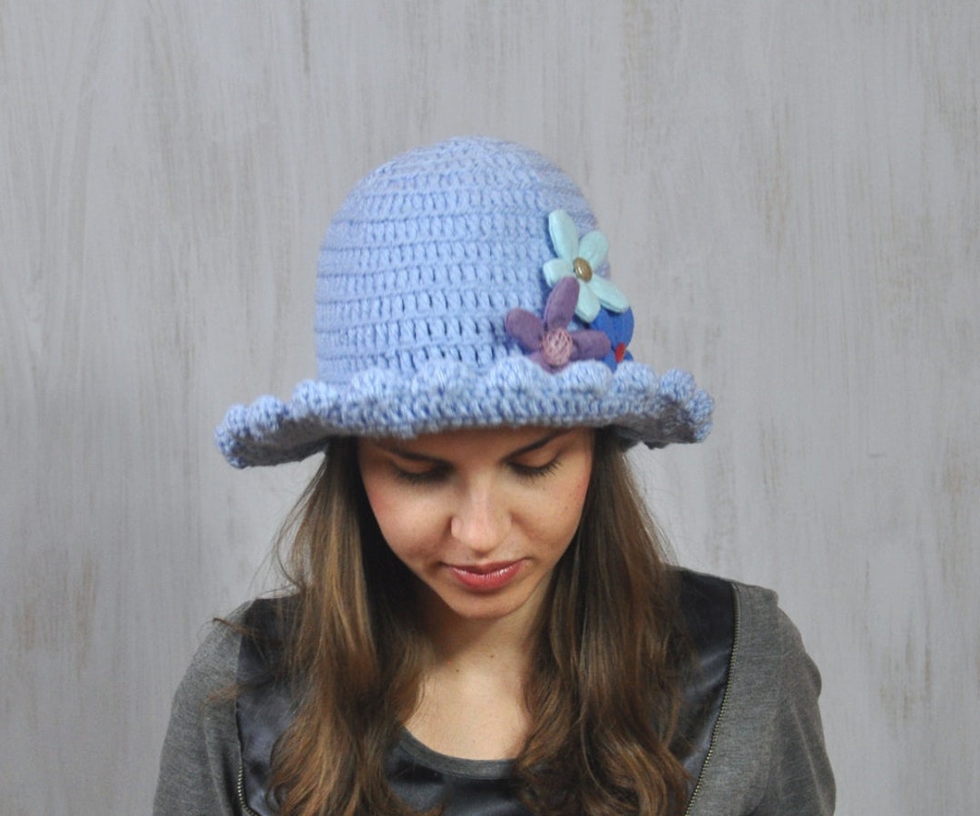 Blue Hat With Felt Flowers, Girl's Brimmed Hat, Handmade Hat, Chemo Cloche Hat, Floppy Hat