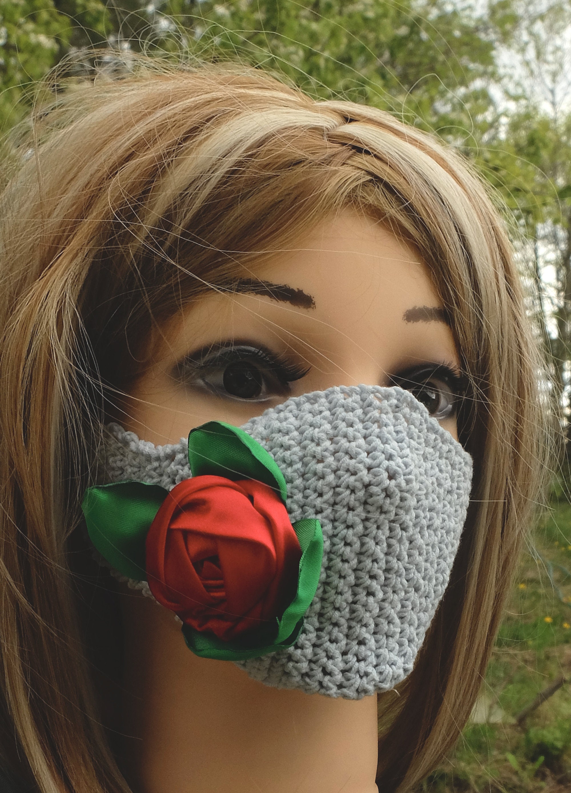 Crochet Face Mask, Red Rose Facemask, Floral Face Cover, Reusable Hat ...