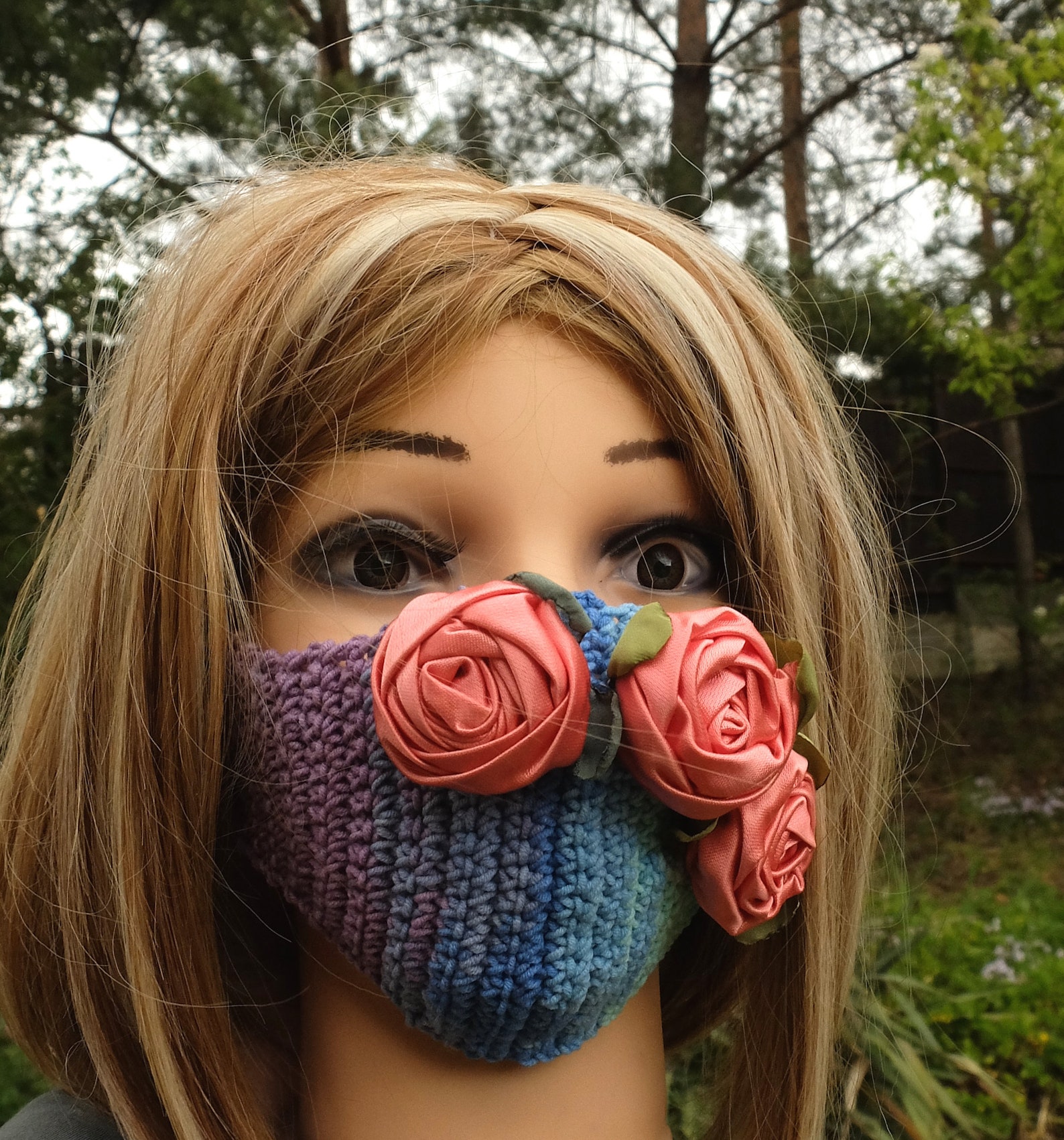 Pink Roses Face Mask Floral Facemask Crochet Face Protector Etsy
