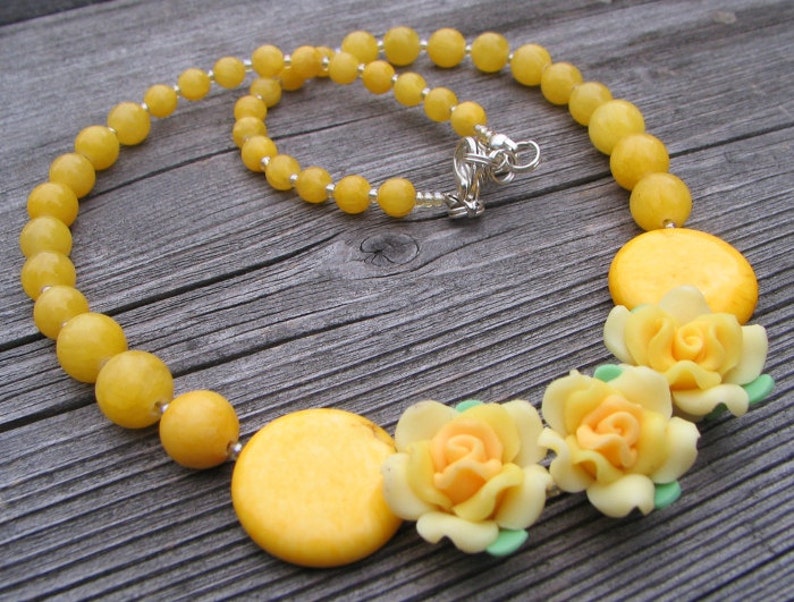 Yellow necklace with flowers For her Original spring jewelry Gemstones Howlite Marble stones Yellow Original Unique Perfect gift OOAK image 5