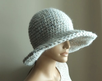 Crochet gray hat, brimmed hat, cloche womenly hat, moldable brim, for cold days, floppy hat, gift for her, winter head