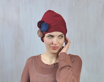 Woman Girl Hat, Flowers Beanie, Boho Hat, Autumn Hat For Her, Women Hat with Flowers, Beanie with Textile Flowers, Romantic Hat