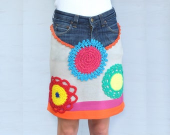 Denim Recycled Skirt, Patchwork Denim, Boho Gypsy Hippie, Upcycled Clothing, Girl Clothes, Rainbow, Colorful, Flowers