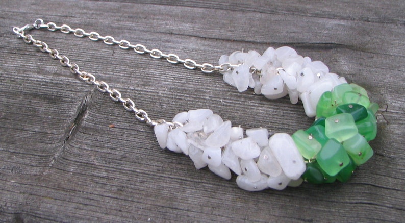 Necklace with green agate and white quartze, for her, original necklace, gemstones, for her, white green, bulky, agate quartze, gift,OOAK image 4