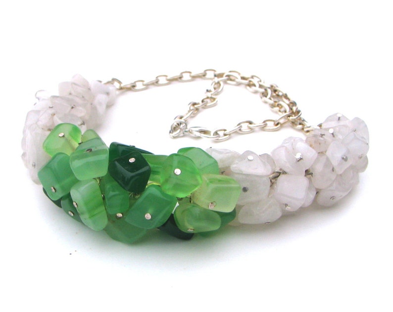 Necklace with green agate and white quartze, for her, original necklace, gemstones, for her, white green, bulky, agate quartze, gift,OOAK image 2