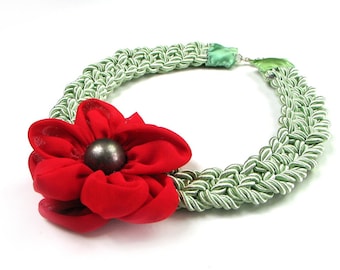 Plaited necklace with red flower Plat braid braided Wide necklace Fiber necklace Pastel green Red Spring jewelry OOAK