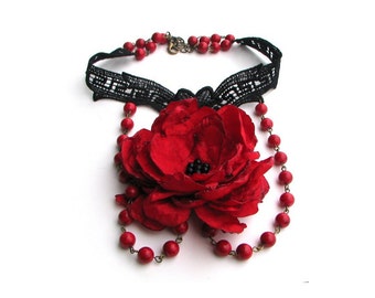 Necklace with lace, red flower & marble round beads, fiber flower, textile flower, romantic necklace, red black, gift for her, gothic, OOAK