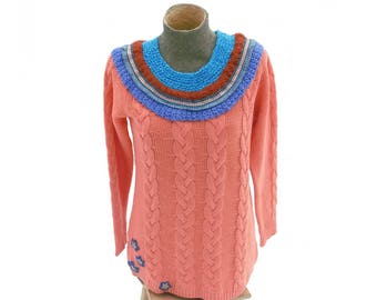 Cable sweater, Coral pink, Gypsy jumper, Reworked jersey, Colorful yoke, Boho pullover, Bohemian clothing, Hippie clothes, Cableknit Hipster