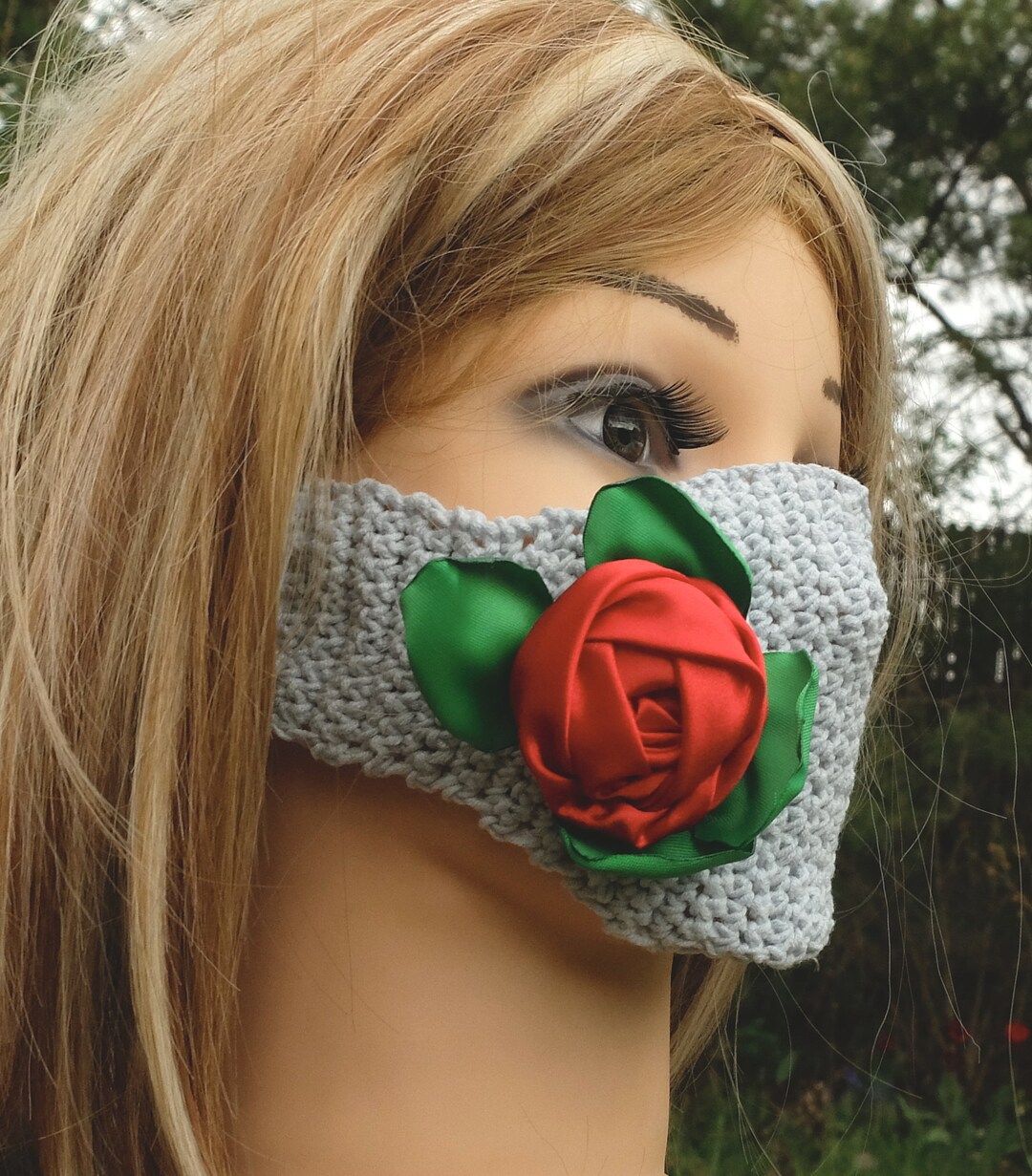 Crochet Face Mask, Red Rose Facemask, Floral Face Cover, Reusable Hat ...