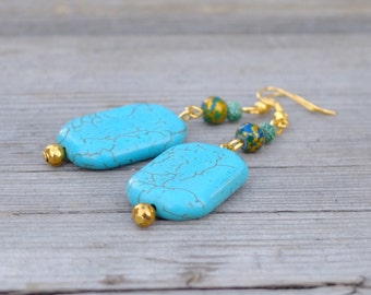 Turquoise Howlite Earrings Boho Dangle Earrings Bohemian Style Drop Earrings Gift for Her Spring Jewelry Turquoise Gold Tone