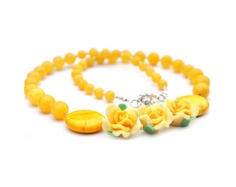 Yellow necklace with flowers For her Original spring jewelry Gemstones Howlite Marble stones Yellow Original Unique Perfect gift OOAK