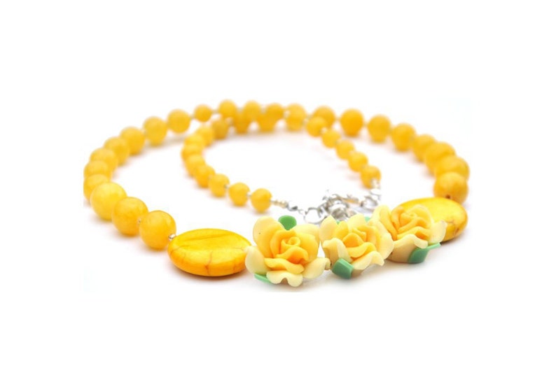 Yellow necklace with flowers For her Original spring jewelry Gemstones Howlite Marble stones Yellow Original Unique Perfect gift OOAK image 1