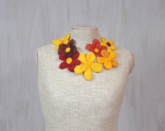 Necklace with textile & felt flowers Fabric flowers For her OOAK Unique Romantic Optimistic Sunny Spring Yellow Orange Red
