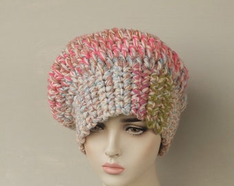 Crochet hat, colorful beanie, slouchy beanie, oversized hat, warm winter hat, zero waste hat, chunky stylish hat, adult fluffy hat