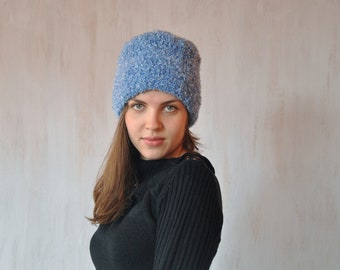 Crochet hat, toque hat, pillbox hat, winter spring hat, original, blue, boucle yarn, chunky warm, elegant, stylish, OOAK