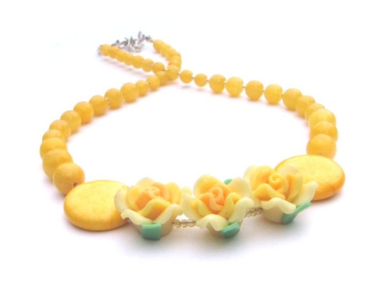 Yellow necklace with flowers For her Original spring jewelry Gemstones Howlite Marble stones Yellow Original Unique Perfect gift OOAK image 2
