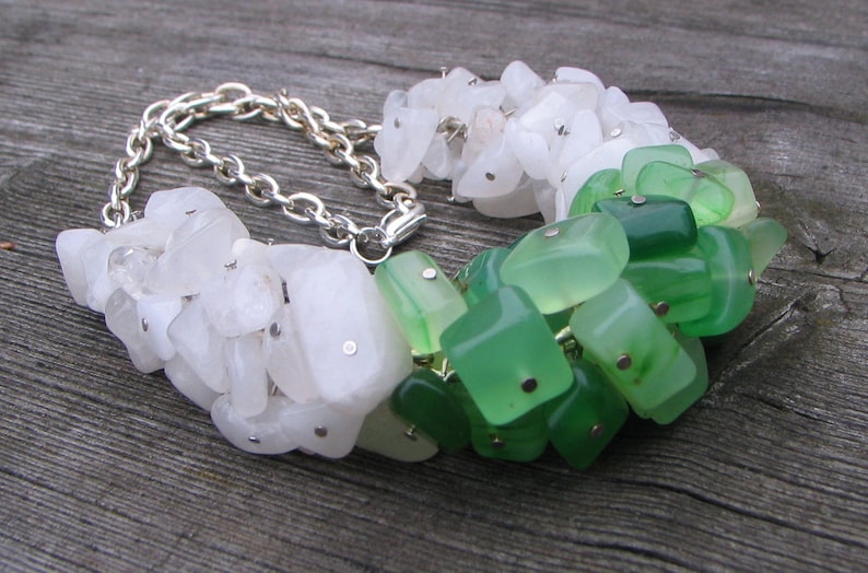 Necklace with green agate and white quartze, for her, original necklace, gemstones, for her, white green, bulky, agate quartze, gift,OOAK zdjęcie 5