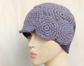 Stylische Häkelmütze, Vintage Style Beanie, Hut mit Goldfaden, Art Deco Millinery, Frauen elegante Mütze, Weihnachtsgeschenk für sie, Retro Kopfschmuck