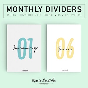 Pode incluir: Dois divisores mensais A5 brancos com o texto "01 January" em azul e escrita preta, e "06 June" em amarelo e escrita preta. O banner superior diz "MONTHLY DIVIDERS" e "INSTANT DOWNLOAD • PDF FORMAT • A5 • 12 DIVIDERS".