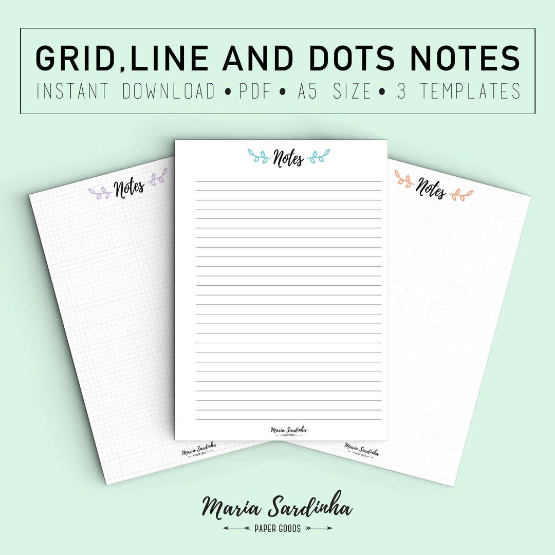 Grid, Lined and Plain Notes, Printable A5 Notes, Planner and Organizers ...