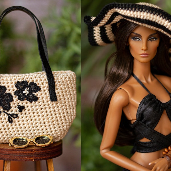 Ensemble sac d'été et bonnet au crochet ; convient aux poupées royales et aux poupées Barbie ; Fashion Royalty et accessoires de plage Barbie