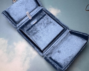 Vintage Blue Velvet Jewelry Box, Portable Ring Earrings Necklace Storage