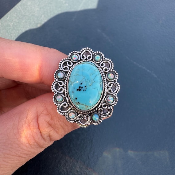 Vintage Turquoise Opal Sterling Silver Ring, Size… - image 1