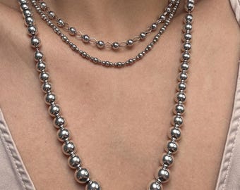 Vintage 925 Sterling Silver Graduated Ball Beaded Chain Necklace Statement Necklace