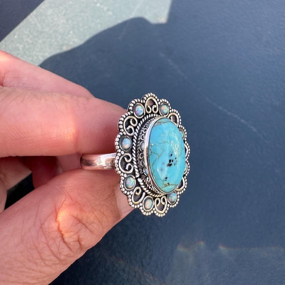 Vintage Turquoise Opal Sterling Silver Ring, Size… - image 3