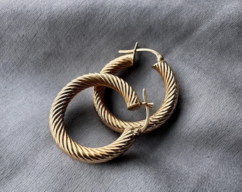 Vintage 14K Solid Gold Twisted Hoop Earrings, 1 inch