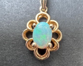 14k Solid Gold Floral Opal Pendant Charm Gemstone