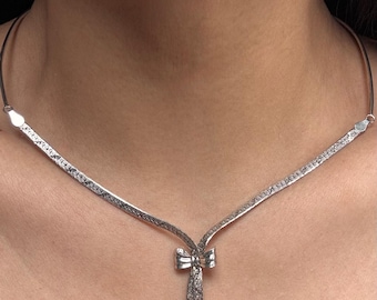 925 Sterling Silver Ribbon Bow Choker Necklace