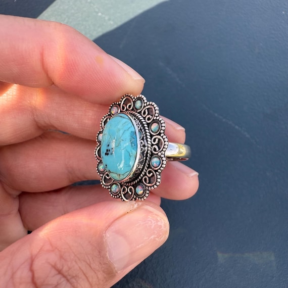 Vintage Turquoise Opal Sterling Silver Ring, Size… - image 6