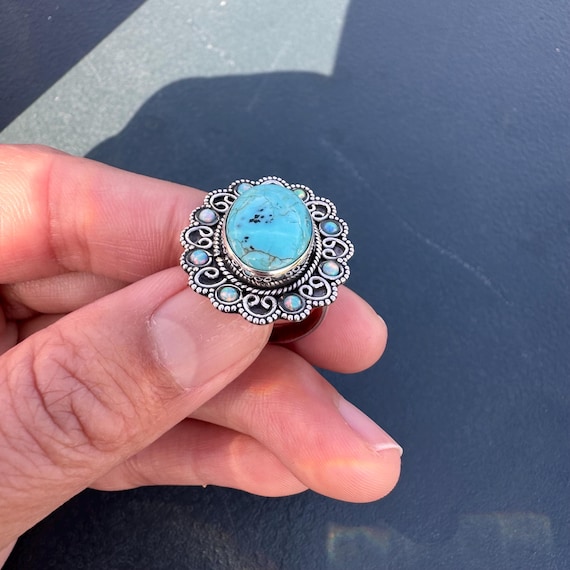 Vintage Turquoise Opal Sterling Silver Ring, Size… - image 7