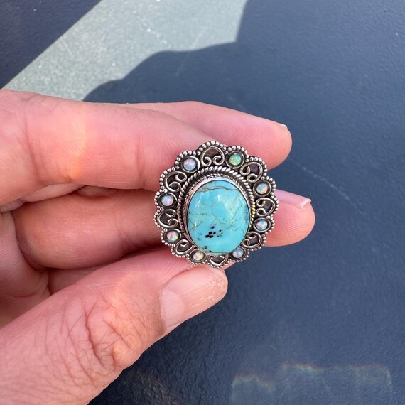 Vintage Turquoise Opal Sterling Silver Ring, Size… - image 2