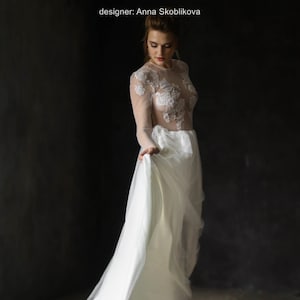 Ivory wedding dress, A line wedding dress, Long sleeve wedding dress, Beach wedding dress  Illusion dress, 0112