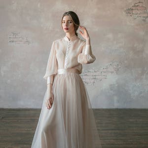 Vintage wedding dress from natural silk and blush tulle skirt. Victorian wedding dress, summer wedding dress, simple wedding dress 0134