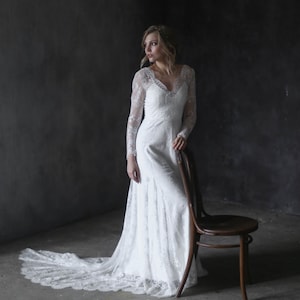 Wedding dresses, Lace wedding dress, Vintage wedding dress, V neck wedding dress, Long lace sleeves, 0122