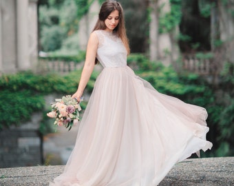 Vestido de novia rosa, Vestido de novia ruborizado, Vestido de novia de colores, Vestido de novia de tul, Vestido de novia moderno, 0009