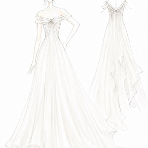 May include: A sketch of a white wedding gown with an off-the-shoulder neckline and a flowing skirt. The drawing includes the name "Carolina" at the top and the signature "Anne Suobricone" at the bottom.