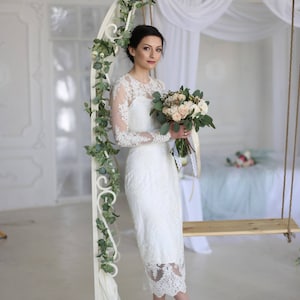 Sheath wedding dress, Lace wedding dress, Long sleeve lace wedding dress, Simple lace wedding dress, Classic wedding dress, 0201