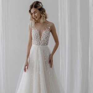 Flowers wedding dress with detachable skirt - Iris, organza wedding dress, floral embroidered wedding dress, romantic wedding dress \\ 0219