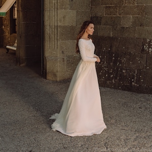 Long sleeve open back wedding dress in A-line style,  Sparkle wedding dress, Open back wedding dress, stretch boat neck wedding dress, 0167