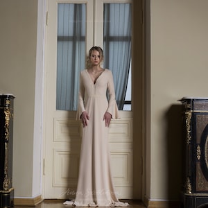 Wedding dress with sleeves, beige wedding dress, Bohemian Wedding Dress, Alternative wedding dress, non traditional wedding dress -0173/2019