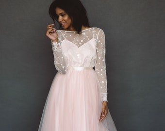 Simple wedding dress, Modest wedding dress, Long sleeves wedding dress, Pink wedding dress, Alternative Colored wedding dress - 0221