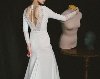 Winter wedding dress, Lace wedding dress,  Simple wedding dress, Modern wedding dress, Fit&Flare wedding dress, Bateau, Creape, 0089