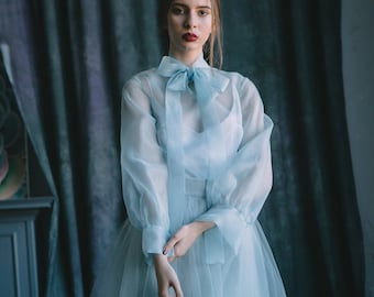 Blue wedding dress, Silk wedding dress, Custom wedding dress, Vintage wedding dress, Organza wedding dress, Summer wedding dress 0128