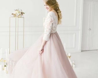 Plus size wedding dress, Blush wedding dress, Pink wedding dress, long sleeve wedding dress, tulle custom wedding dress - 2019 / 0079