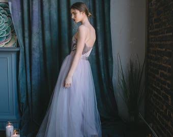 Modern Lilac Wedding Dress – Custom Colored Silk A-Line Gown with Elegant Silhouette (0136)